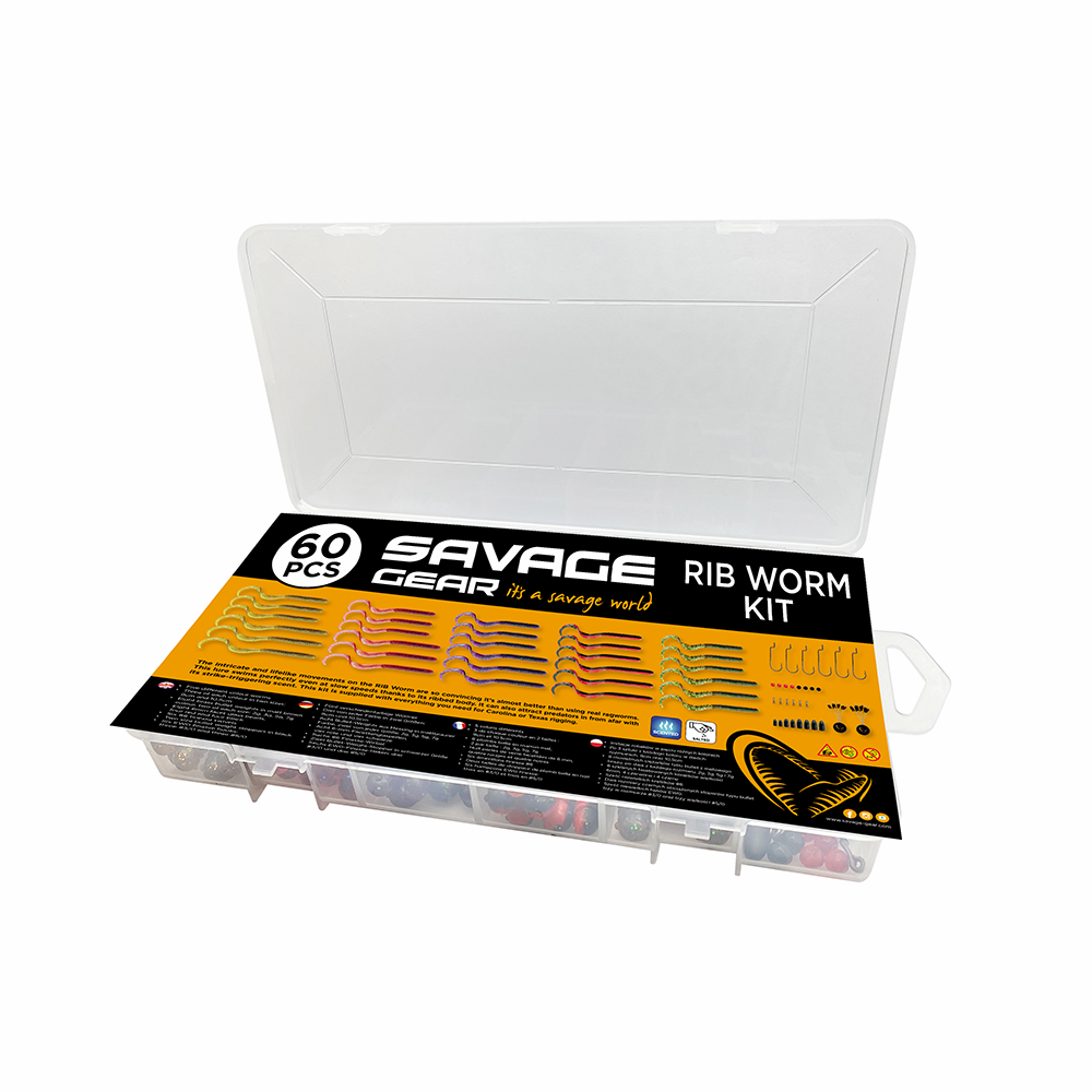 Kit De Pêche Savage Gear Rib Worm - Vers Striés Parfumés Pour Bar, Perche, Sandre - Inclut Hameçons Et Poids Pour Montage Texas/Carolina